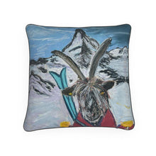 Load image into Gallery viewer, Mountain Goat on skis in Zermatt with Matterhorn deluxe cushion