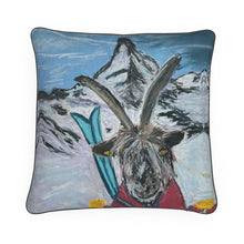 Load image into Gallery viewer, Mountain Goat on skis in Zermatt with Matterhorn deluxe cushion