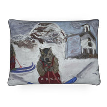 Load image into Gallery viewer, A Rectangular Luxury Cushion with two Marmots on Skis in Gressoney