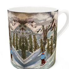 Load image into Gallery viewer, Bone China Mug with a lone skier skiing into the woods in Courmayeur