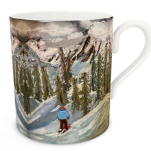 Load image into Gallery viewer, Bone China Mug with a lone skier skiing into the woods in Courmayeur