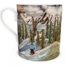Load image into Gallery viewer, Bone China Mug with a lone skier skiing into the woods in Courmayeur