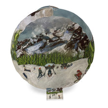 Load image into Gallery viewer, A Big Bolster Cushion of Kids skiing behind Maison Vielle in Courmayeu