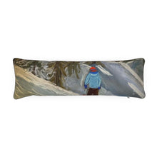 Load image into Gallery viewer, A Medium Bolster Cushion with a Lone Kid Skier in Courmayeur
