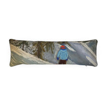 Load image into Gallery viewer, A Medium Bolster Cushion with a Lone Kid Skier in Courmayeur