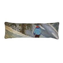 Load image into Gallery viewer, A Medium Bolster Cushion with a Lone Kid Skier in Courmayeur