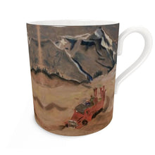 Load image into Gallery viewer, Bone China mug with pastel drawing of Vintage snowcat taking skiers up Telluride Mountain