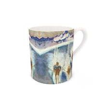 Load image into Gallery viewer, Bone China mug with alpine skiers coming down the pistes in the Aosta Valley