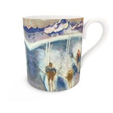 Load image into Gallery viewer, Bone China mug with alpine skiers coming down the pistes in the Aosta Valley