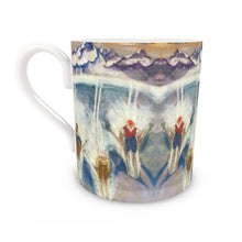 Load image into Gallery viewer, Bone China mug with alpine skiers coming down the pistes in the Aosta Valley