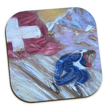 Load image into Gallery viewer, Heat resistant coasters with ski racer in Crans-Montana in the Valais Region of Switzerland