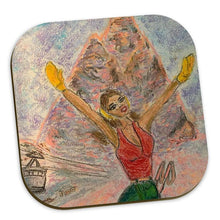 Load image into Gallery viewer, Pack of six heat-resistant coasters with wooden base depicting a girl with the Monte Cervino in the backdrawn