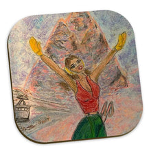 Load image into Gallery viewer, Pack of six heat-resistant coasters with wooden base depicting a girl with the Monte Cervino in the backdrawn