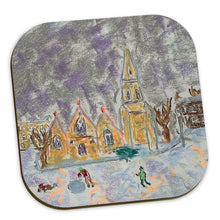 Load image into Gallery viewer, Heat-resistant coasters with image of kids playing outside the All Saints Church on the Heath of Blackheath Village, SE London.