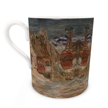Load image into Gallery viewer, A fine bone china mug with the Panoramic Mont Blanc lift on top of the Mar de Glace/ski mug/ fine bone china mug/ tea cup/ coffee cup