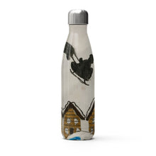 Load image into Gallery viewer, Shape of Santa and his sledge flying over a snowy town thermal bottle