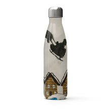 Load image into Gallery viewer, Shape of Santa and his sledge flying over a snowy town thermal bottle