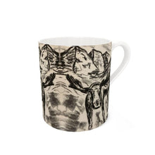 Load image into Gallery viewer, Bone China mug with cheeky moose with the Maroon Bells in Aspen.