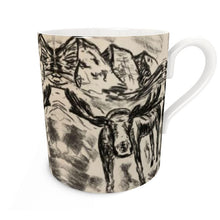 Load image into Gallery viewer, Bone China mug with cheeky moose with the Maroon Bells in Aspen.