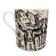 Load image into Gallery viewer, Bone China mug with cheeky moose with the Maroon Bells in Aspen.