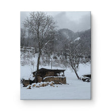 Load image into Gallery viewer, Wooden logs in snowy landscape. Pautex, Comune di Morgex, Valdigne, Valley of Monte Bianco, Aosta Valley. Print on Canvas