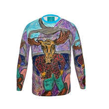 Load image into Gallery viewer, Slim Fit Men's T-Shirt with a Moose in Snowboard on a Chairlift by the Aiguille du Drus, Montenvers/Chamonix.