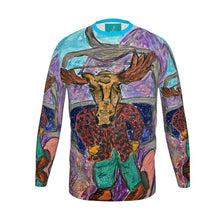 Load image into Gallery viewer, Slim Fit Men's T-Shirt with a Moose in Snowboard on a Chairlift by the Aiguille du Drus, Montenvers/Chamonix.