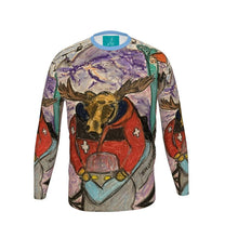 Load image into Gallery viewer, Slim Fit Men's T-Shirt with a Ski Patrol Moose in a Snowmobile in Valle de Las Leñas.
