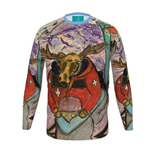 Load image into Gallery viewer, Slim Fit Men's T-Shirt with a Ski Patrol Moose in a Snowmobile in Valle de Las Leñas.
