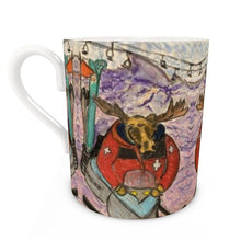 Load image into Gallery viewer, Bone China Mug with Lawen the Moose Ski Patrol in a Snowmobile in Las Leñas