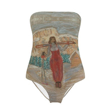 Load image into Gallery viewer, Ski Design Strapless Bathing Suit - Girl with Skis in Val di Fassa in the Dolomites
