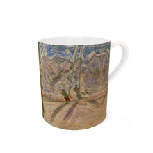 Load image into Gallery viewer, Lenzerheide Skiers pulled by a surface lift bone china mug