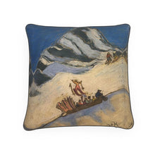 Load image into Gallery viewer, A vintage ski snowcat riding skiers up the mountain cushion