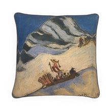Load image into Gallery viewer, A vintage ski snowcat riding skiers up the mountain cushion