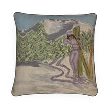 Load image into Gallery viewer, Lady with Skis in the Italian Alps Luxury Cushion.