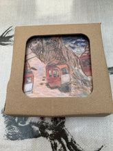 Load image into Gallery viewer, Melamine coasters/alpine melamine coasters/ski coasters/ set of 4 coasters/stocking fillers/ housewarming gift/alpine coasters/ski scene