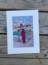 Load image into Gallery viewer, A Limited-Edition Giclée Print of a Girl with Skis in Val di Fassa with the Marmolada in the background in a variety of shapes