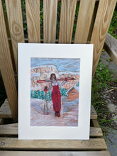 Load image into Gallery viewer, A Limited-Edition Giclée Print of a Girl with Skis in Val di Fassa with the Marmolada in the background in a variety of shapes