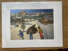 Load image into Gallery viewer, An A4 print of a Mother with her Boys Skiing in Courmayeur with a 16"x12" mount