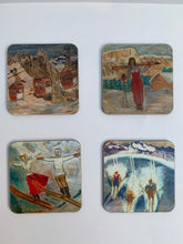 Load image into Gallery viewer, Melamine coasters/alpine melamine coasters/ski coasters/ set of 4 coasters/stocking fillers/ housewarming gift/alpine coasters/ski scene