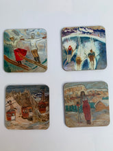 Load image into Gallery viewer, Melamine coasters/alpine melamine coasters/ski coasters/ set of 4 coasters/stocking fillers/ housewarming gift/alpine coasters/ski scene