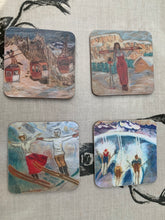 Load image into Gallery viewer, Melamine coasters/alpine melamine coasters/ski coasters/ set of 4 coasters/stocking fillers/ housewarming gift/alpine coasters/ski scene