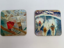 Load image into Gallery viewer, Melamine coasters/alpine melamine coasters/ski coasters/ set of 4 coasters/stocking fillers/ housewarming gift/alpine coasters/ski scene