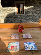 Load image into Gallery viewer, Melamine coasters/alpine melamine coasters/ski coasters/ set of 4 coasters/stocking fillers/ housewarming gift/alpine coasters/ski scene