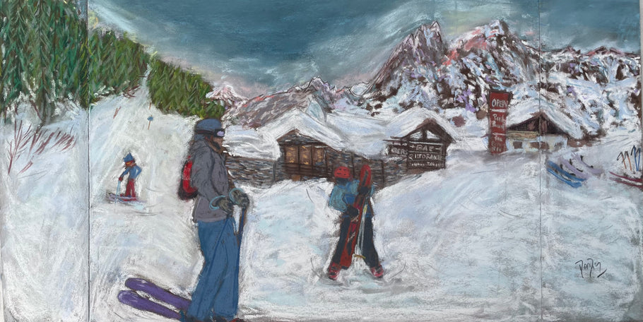 My last painting as a triptych. End of the Ski Day in Val Veny, Courmayeur