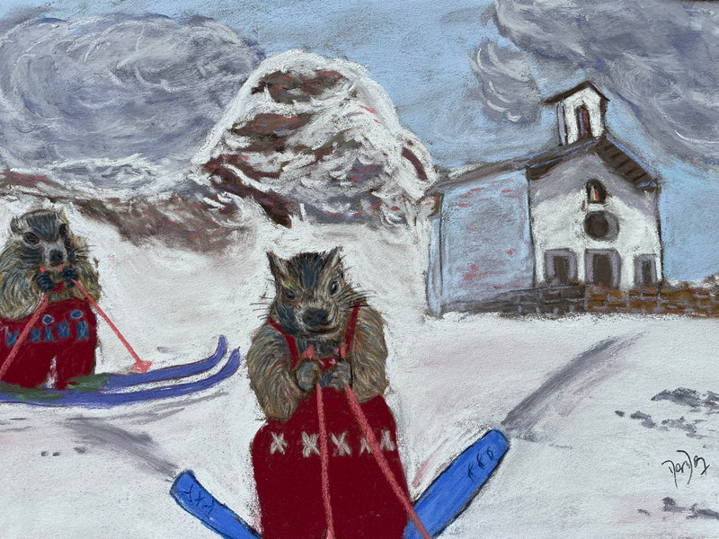 My last painting- Two Marmots on Skis and lederhosen in Gressoney
