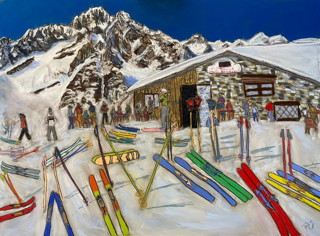 Chez Croux, soft pastels painting by Martina Diez-Routh- On-Mountain Restaurant Chez Croux in Courmayeur with the Monte Bianco (Mont Blanc) in the background.