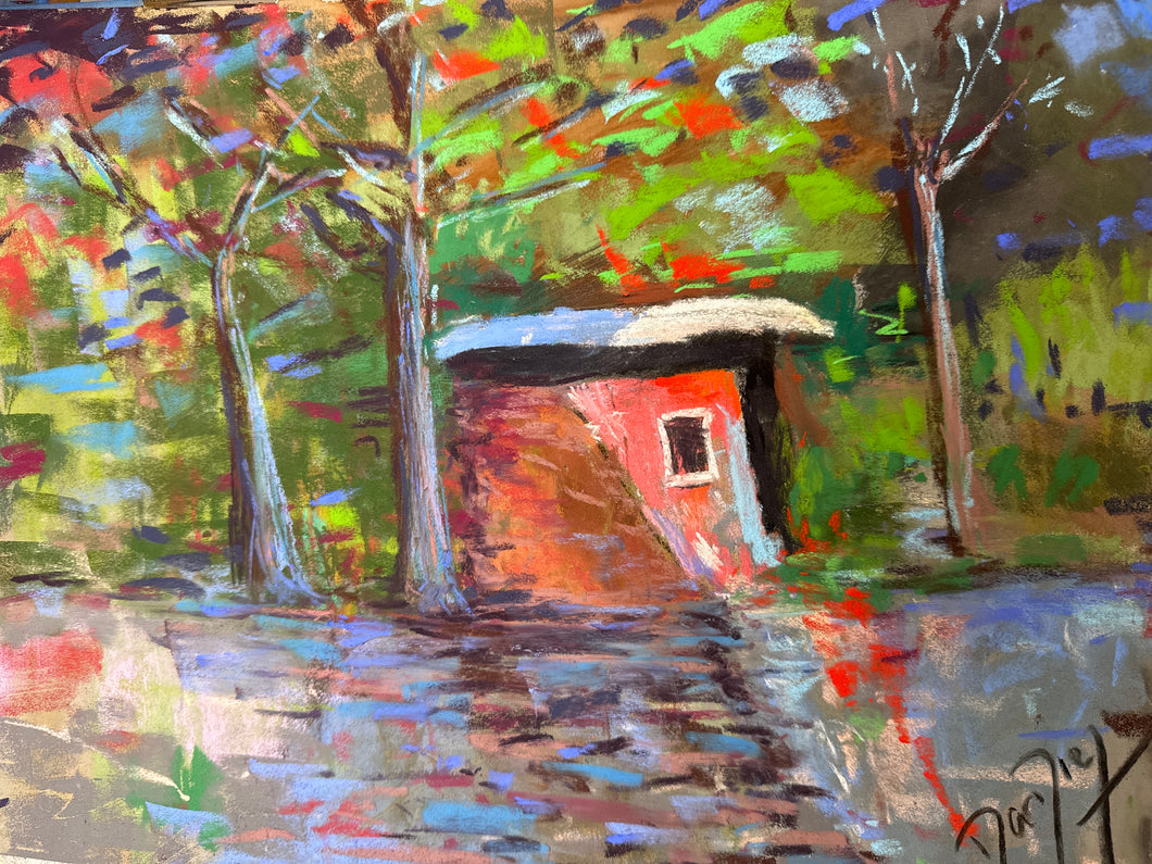 Shed in the Forest Pastels Painting