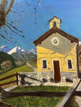Load image into Gallery viewer, Oil painting of a small yellow chapel in La Clusaz, La Salle, with Alpine mountains and vineyard landscape in the Aosta Valley, Italy.
