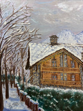 Load image into Gallery viewer, Hotel Les Montagnards Morgex oil painting winter chalet Aosta Valley after snowfall
